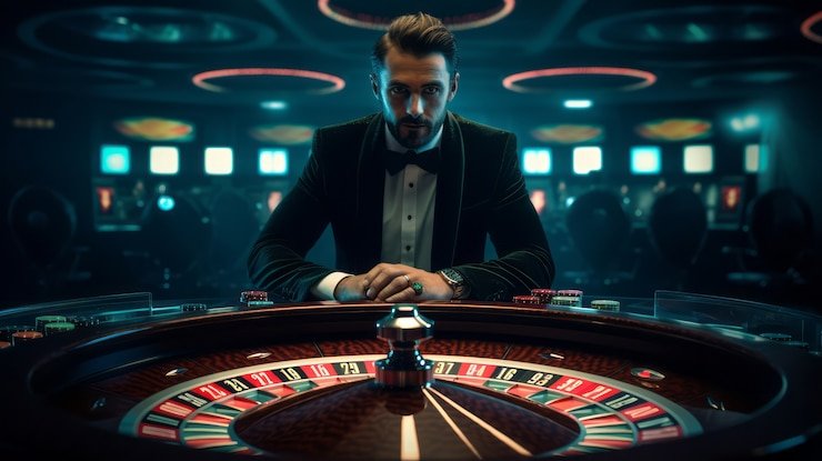 Card-draw live game show with host and betting interface